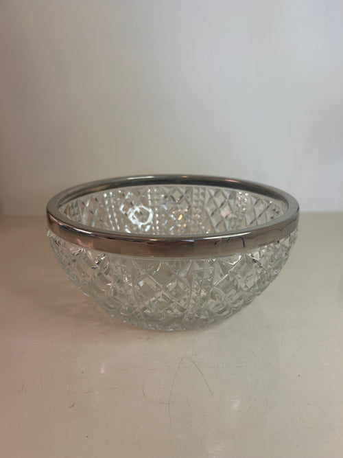 Vintage Clear Glass Bowl with Diamond Pattern and Silver Rim