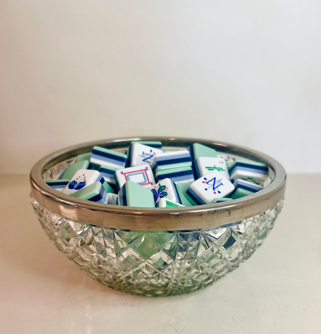 Vintage Clear Glass Bowl with Diamond Pattern and Silver Rim