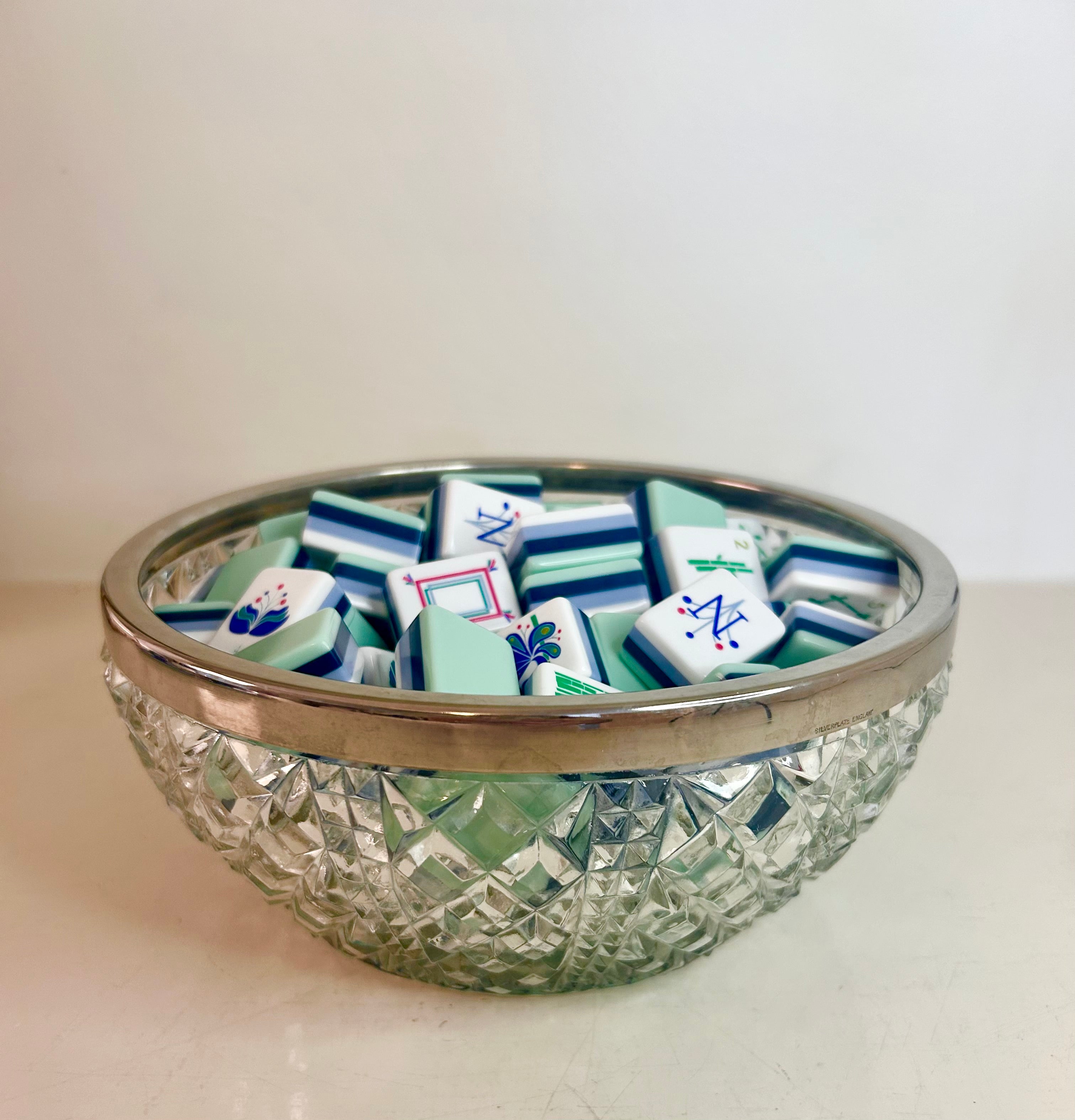 Vintage Clear Glass Bowl with Diamond Pattern and Silver Rim